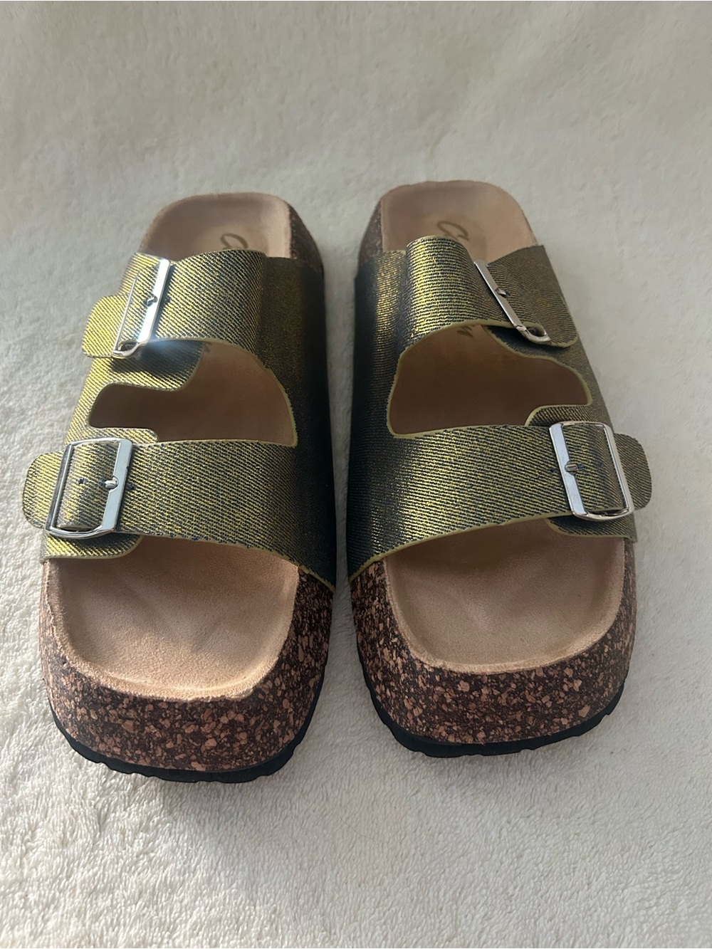 Metallic Green Double-Buckle Cork Slide Sandals